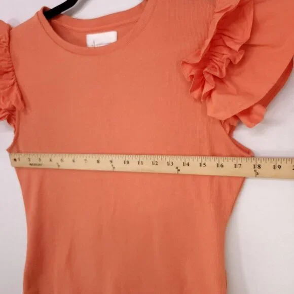 Anthropologie Ribbed Top Size Medium Ruffle Short Cap Sleeve Round Neck Blouse - Picture 4 of 12